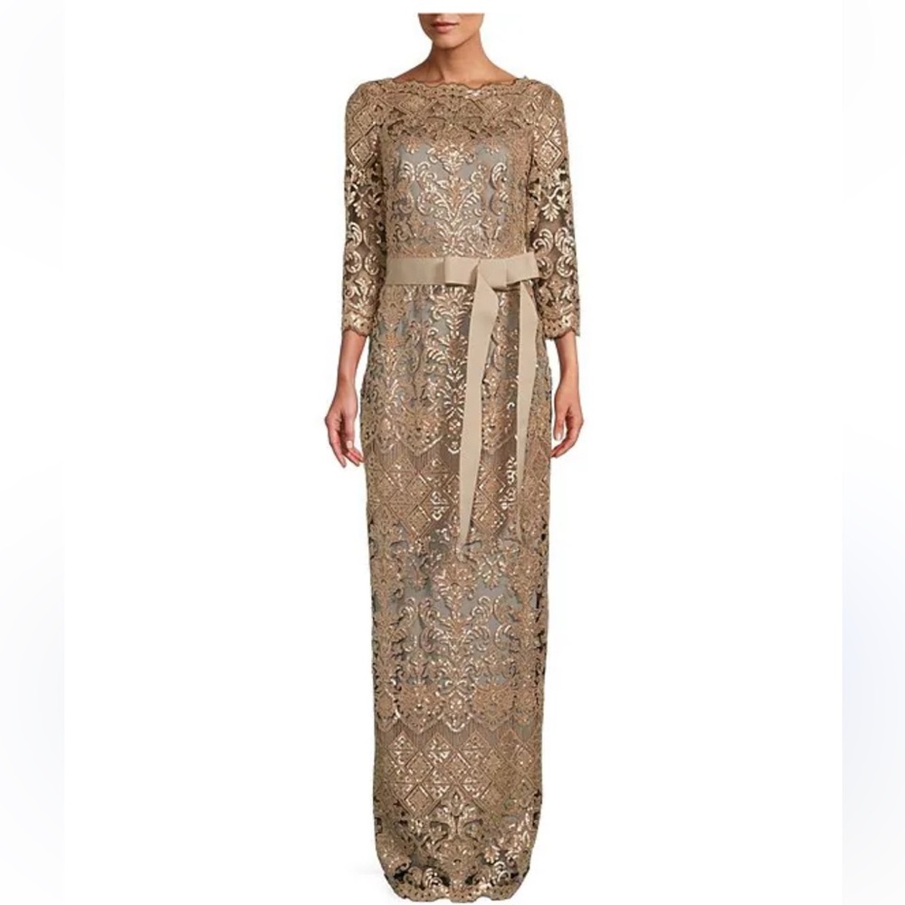 Tadashi Shoji Gold Lace Embellished Gown